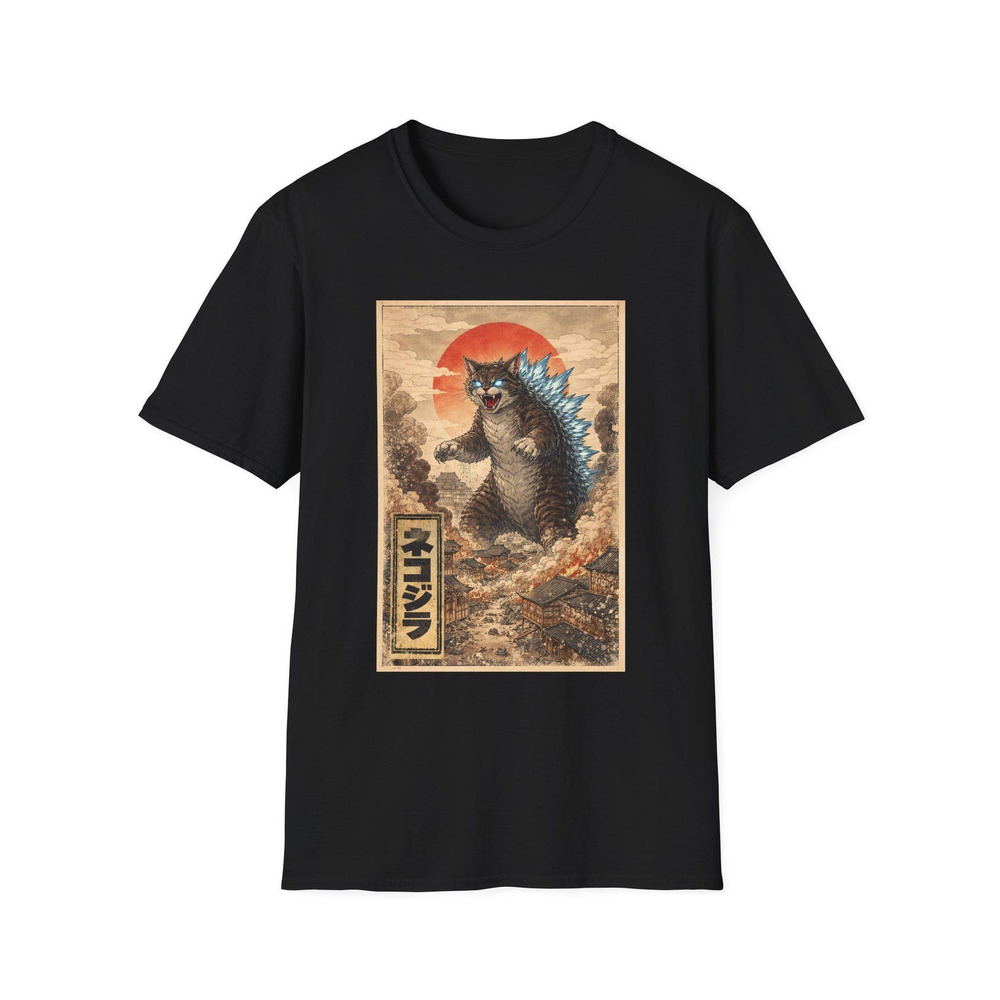 Catzilla Poster Unisex T Shirt Black Kaiju Illustration, Japanese Retro